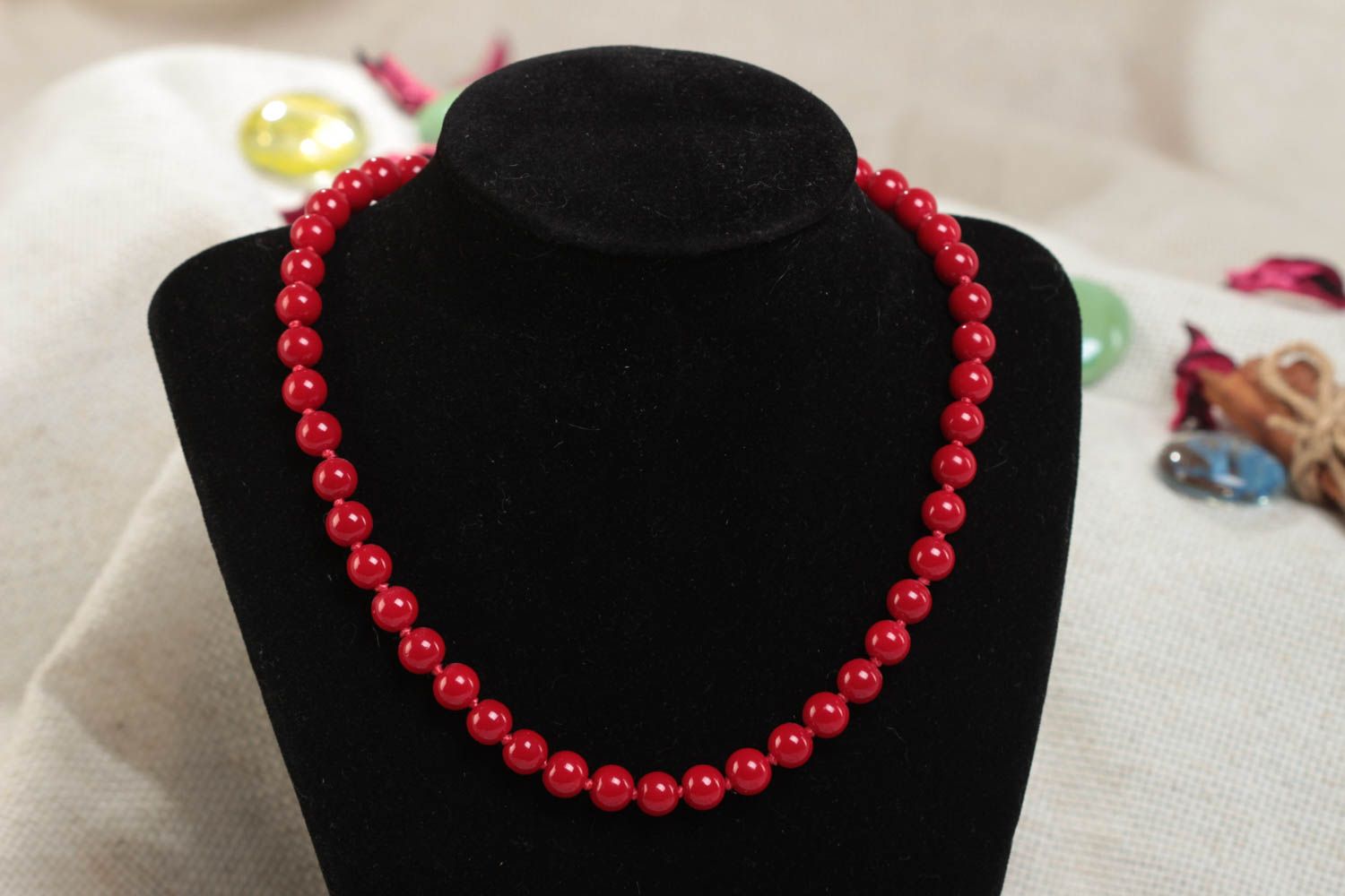 Handmade children's red glass bead necklace of average size designer jewelry photo 1