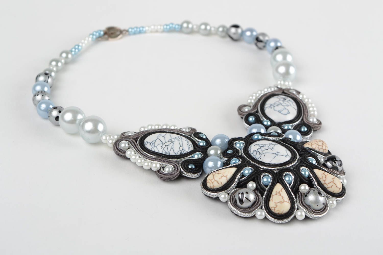 Soutache decorative necklace with plastic pearl beads handmade accessory Snow photo 2