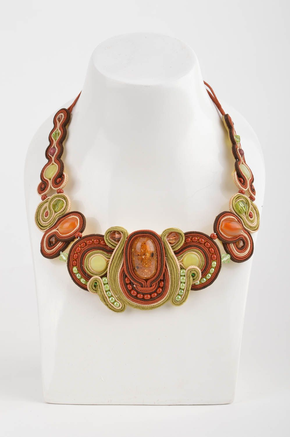Beautiful unusual handmade designer massive soutache necklace with beads  photo 5