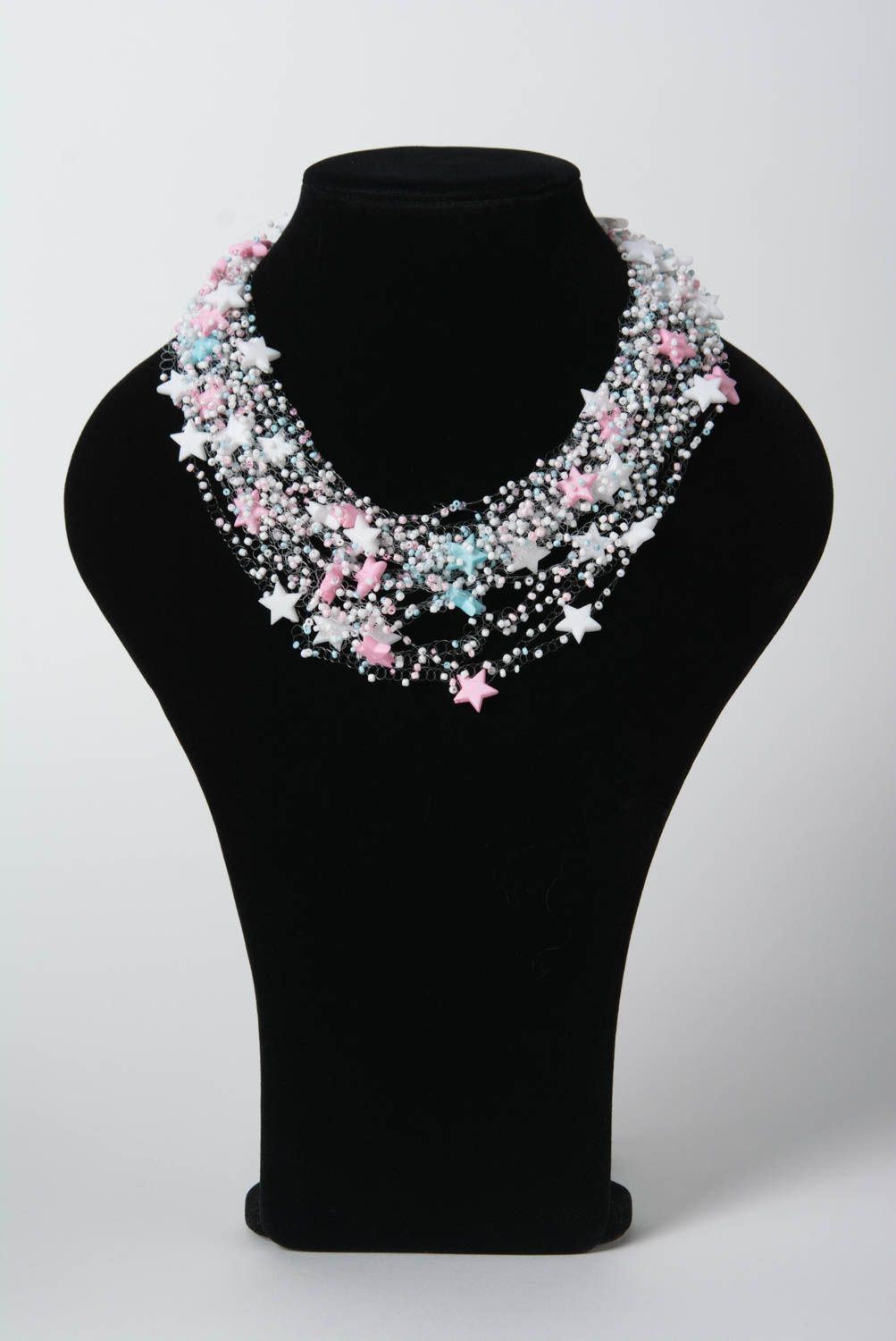 Beaded handmade airy necklace with stars stylish designer summer accessory photo 2