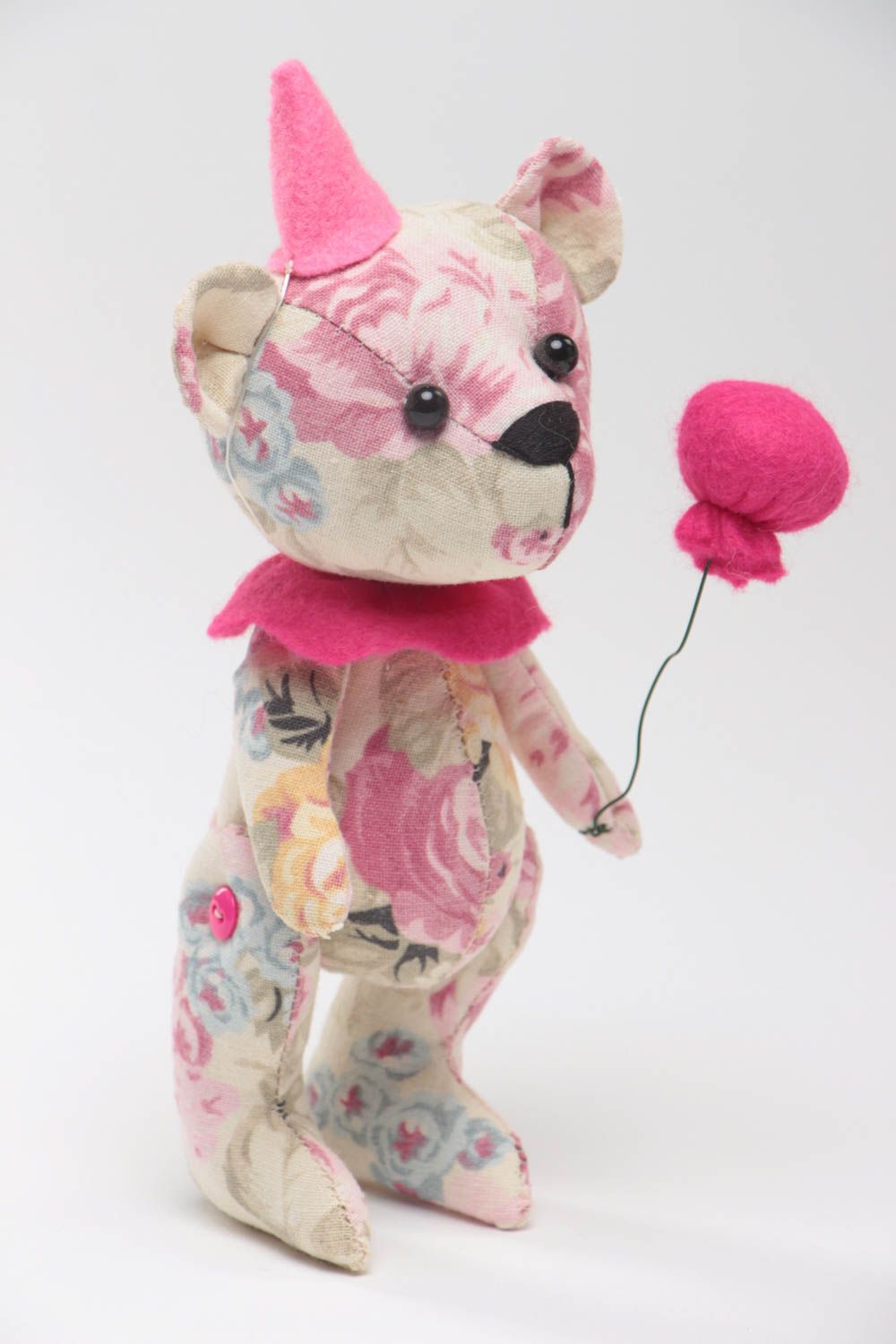 Handmade designer soft toy sewn of linen and felt Bear in pink color palette photo 2