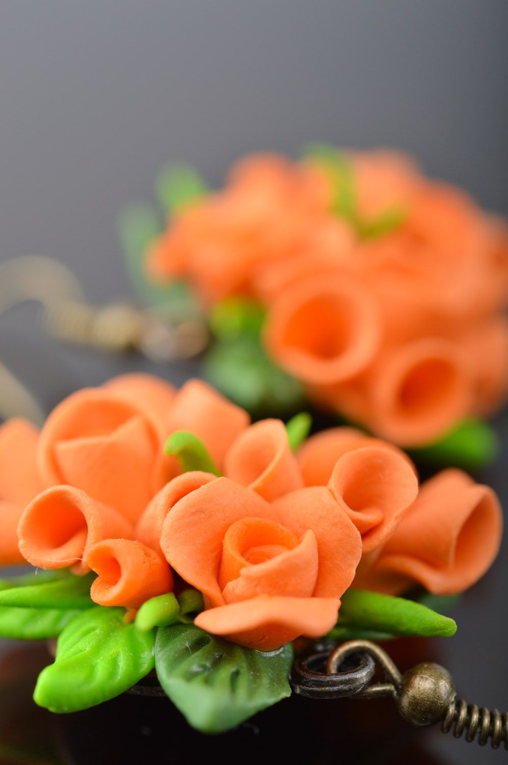 Unusual festive handmade polymer clay flower earrings of orange color photo 2