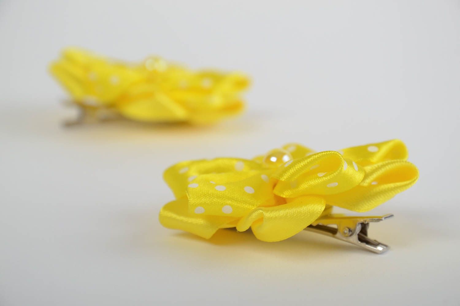 Handmade yellow hair clips with flowers made of satin ribbons for kids 2 pieces photo 4