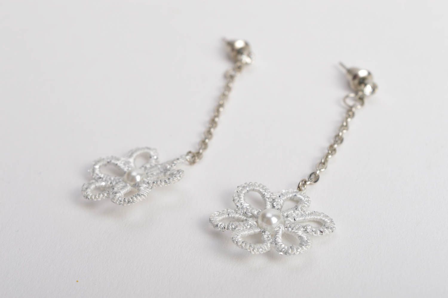 Beautiful neat white handmade designer tatting earrings with chains and flowers photo 3