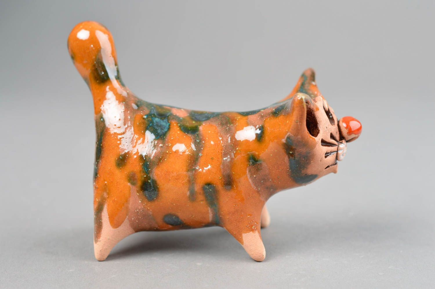 Figurine de chat en argile rouge faite main décorative marron originale photo 4