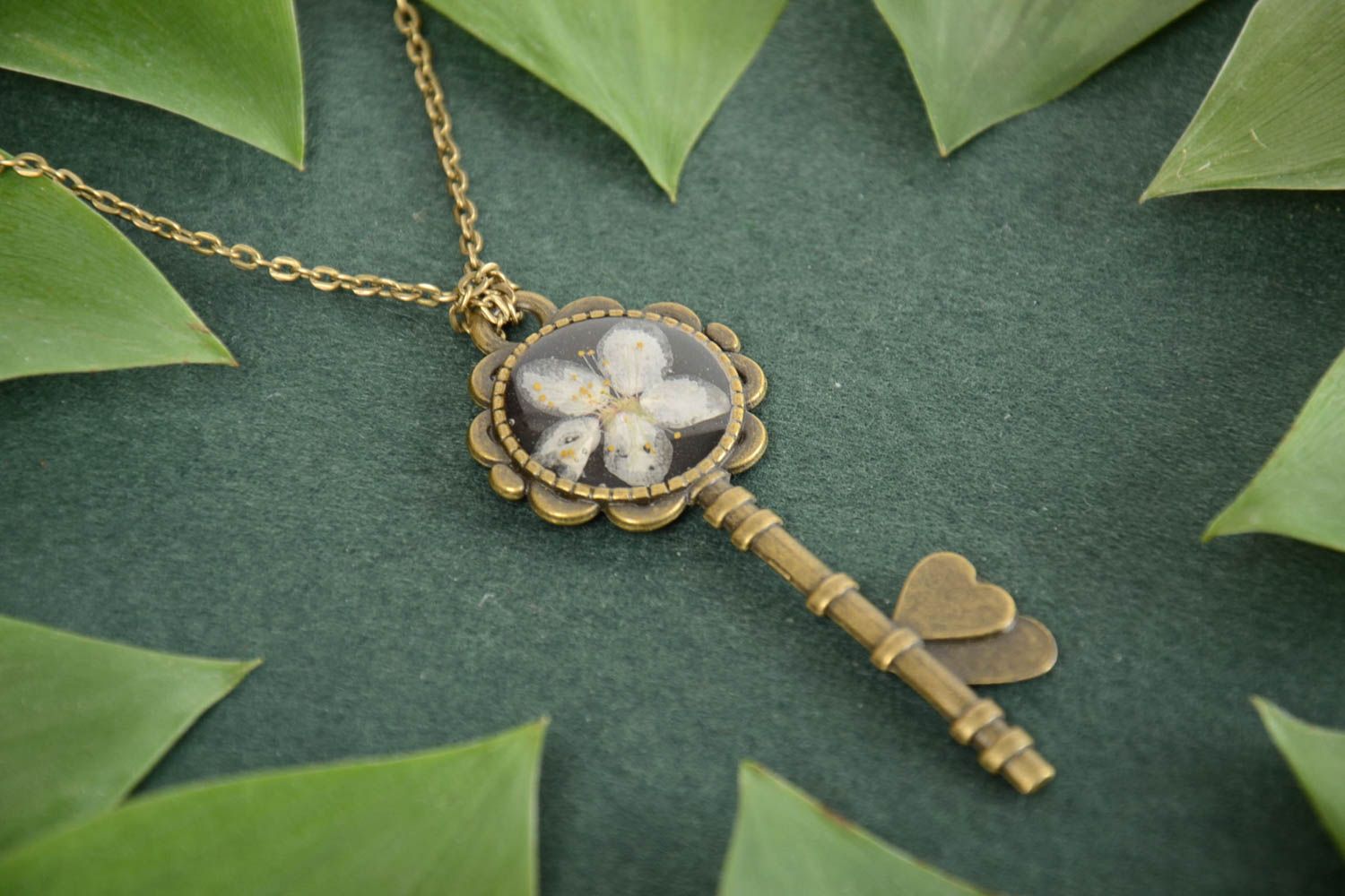Handmade designer botanical pendant on metal basis coated with epoxy Key photo 4