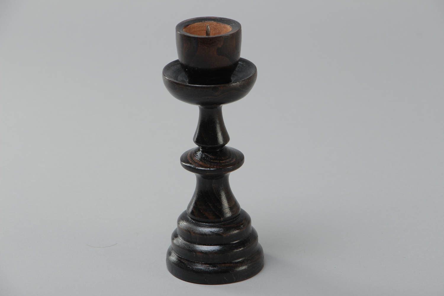Beautiful dark handmade carved wooden candlestick for thin candle photo 2