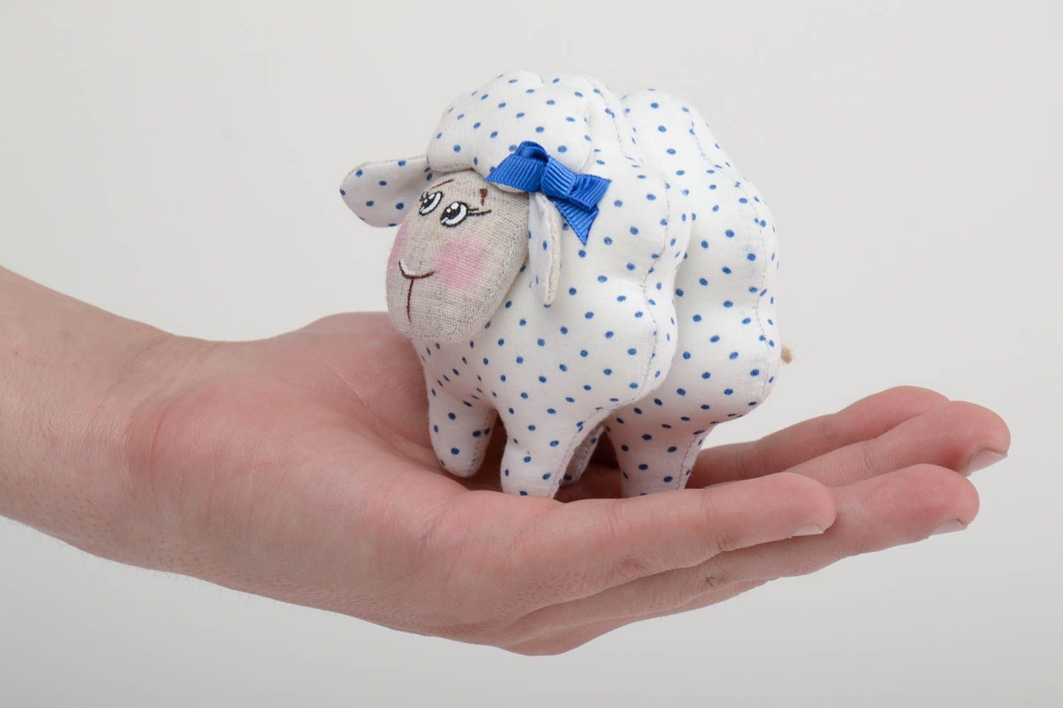 Handmade small white and blue polka dot linen and cotton fabric soft toy lamb photo 5