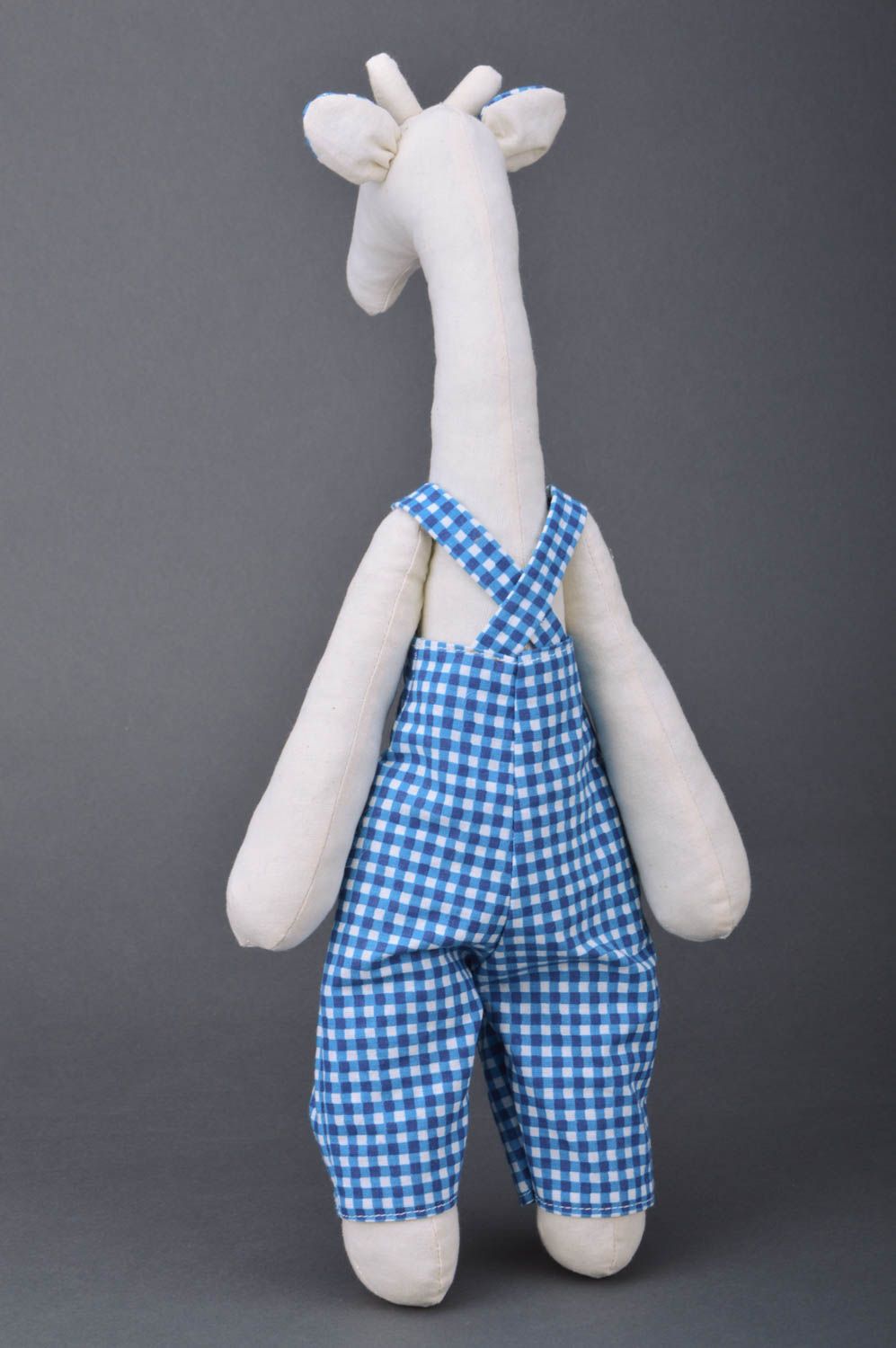 Nice handmade cotton fabric soft toy giraffe in checkered overalls photo 5