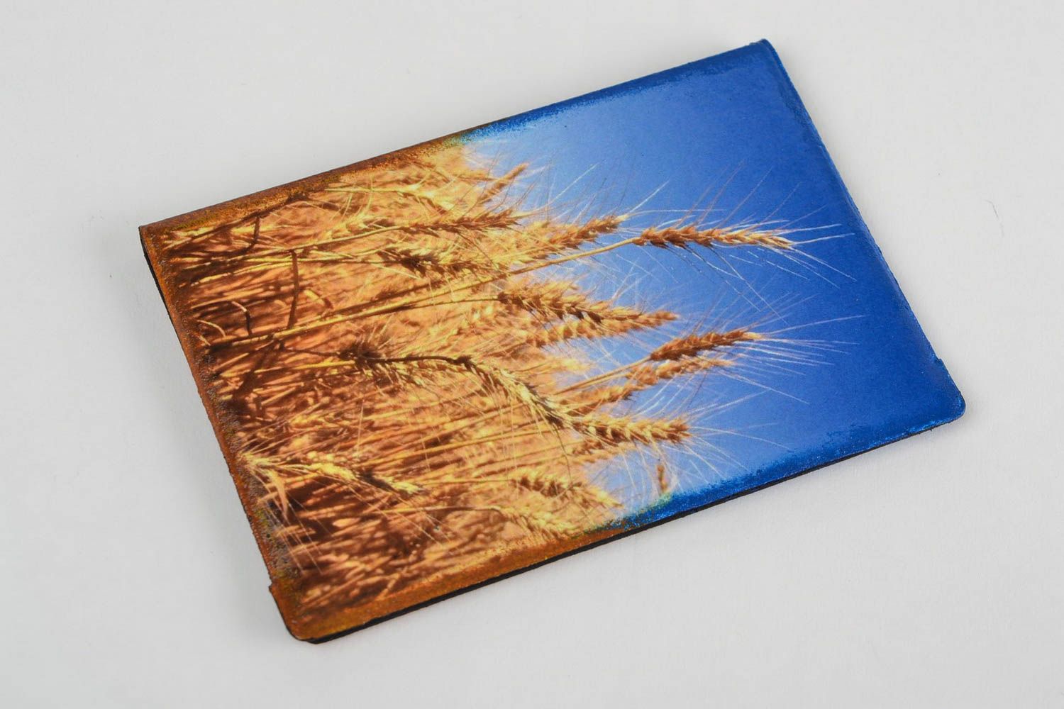 Handmade Designer Passhülle in Decoupage mit Bild von Weizen in Blau und Gelb foto 4