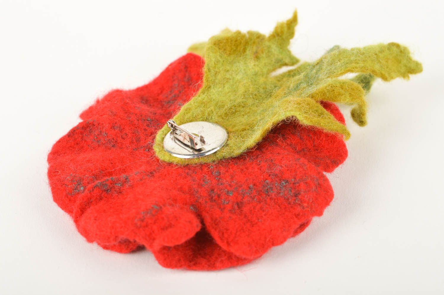 Handmade designer woolen brooch stylish female accessory red poppy brooch photo 5