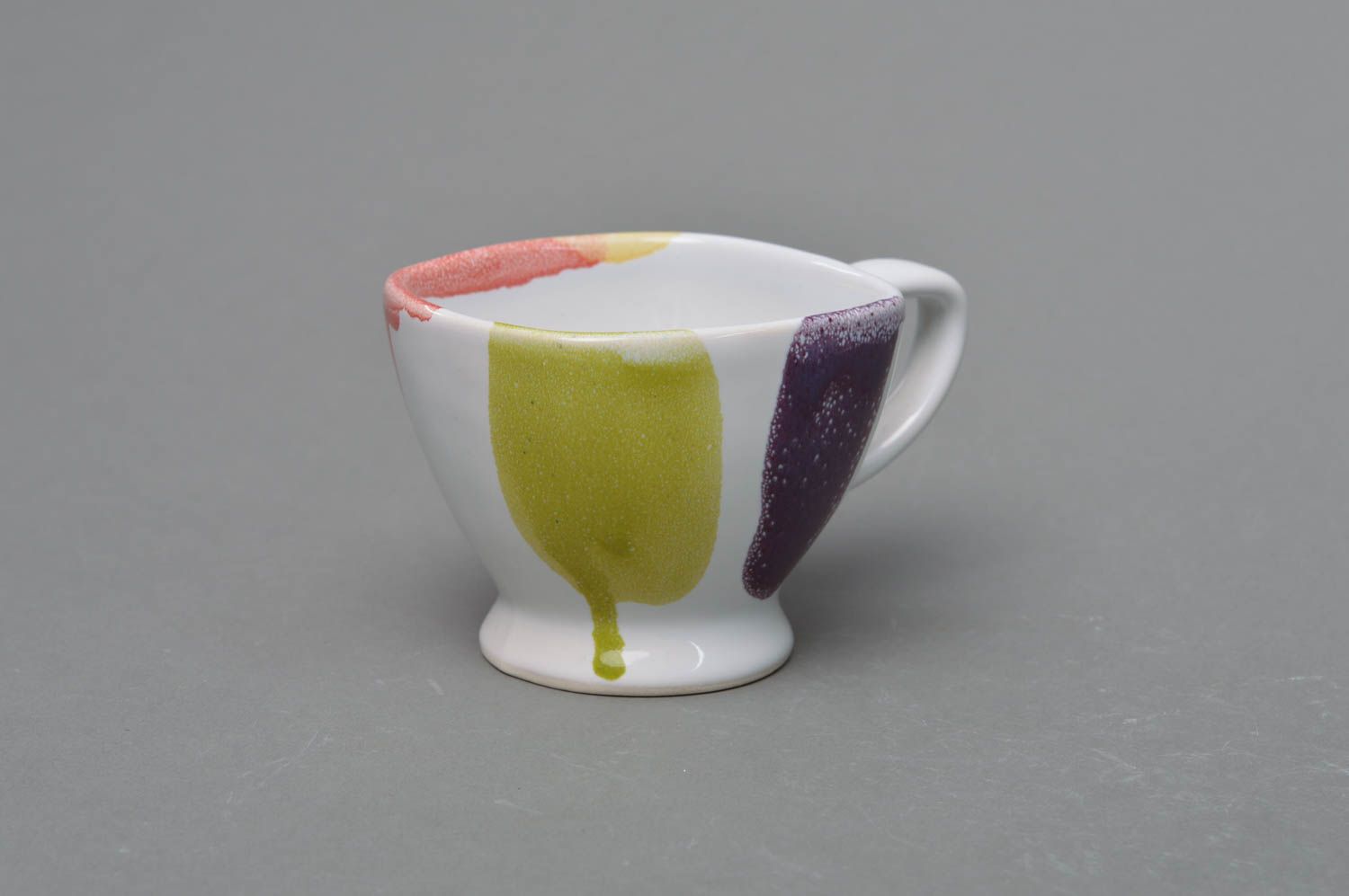 Small 2 oz porcelain white cup in lime, blue cherry stripes with handle photo 1