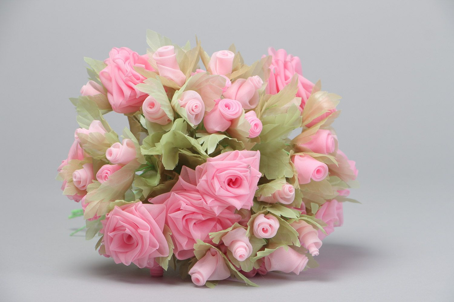 Handmade beautiful chiffon bouquet of pink roses for a home decor photo 2