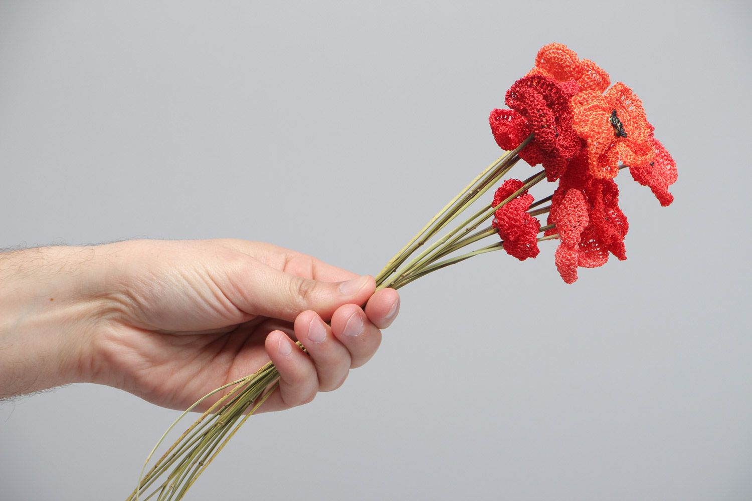 Bouquet de coquelicots tricotés au crochet en fils de coton faits main 11 pièces photo 5