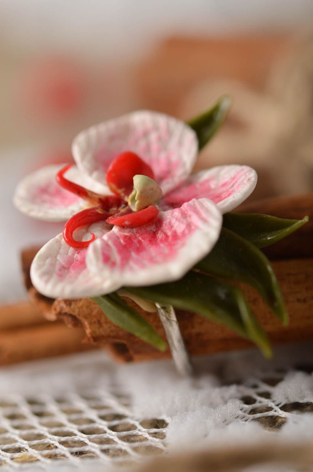 Bague orchidée Bijou fait main pâte polymère réglable Cadeau pour femme photo 1