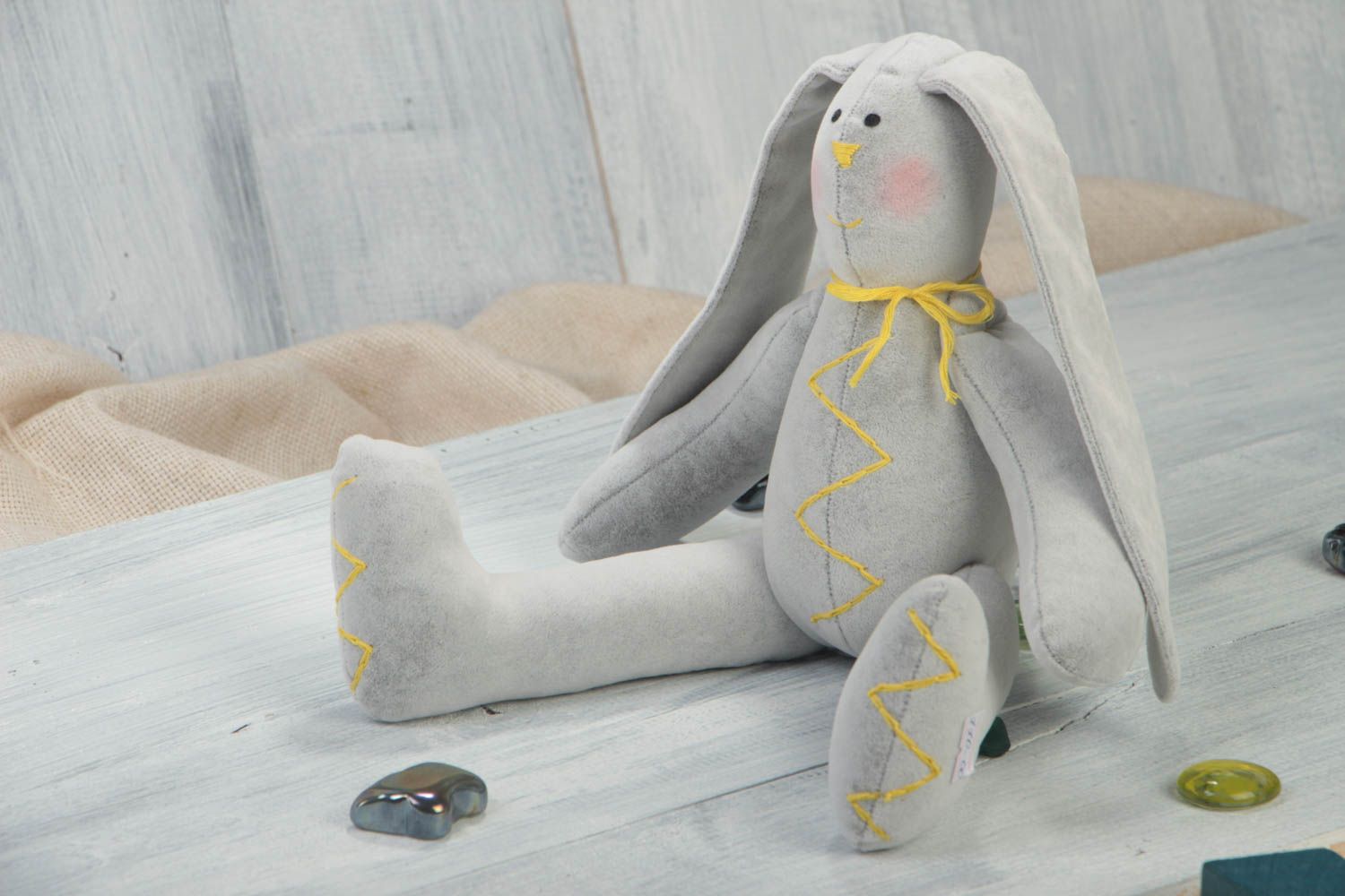 Handmade textile toy unusual designer interior decor soft rabbit with long ears photo 1