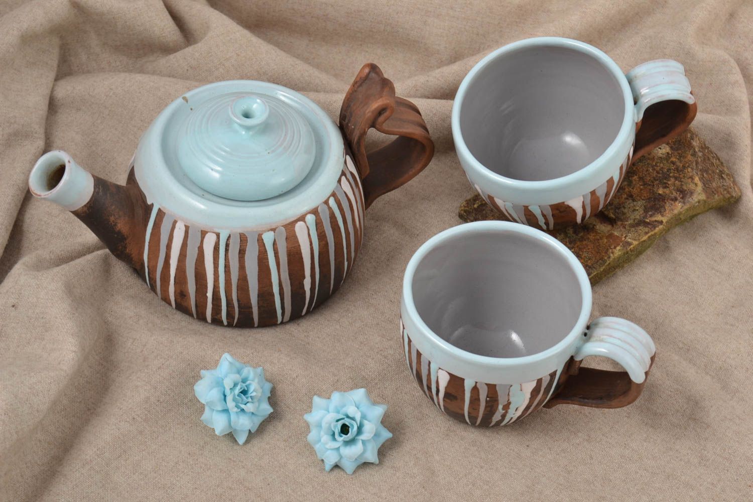 Unusual handmade ceramic teapot 2 ceramic cups tea set table setting ideas photo 1