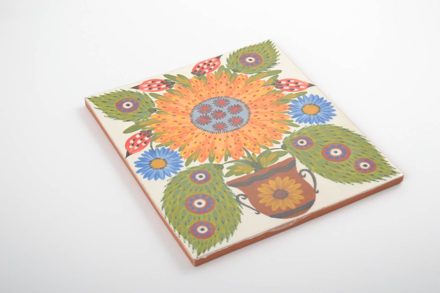 Handmade dekorative Wandplatte aus Ton quadratisch Sonnenblume bemalt bunt foto 4