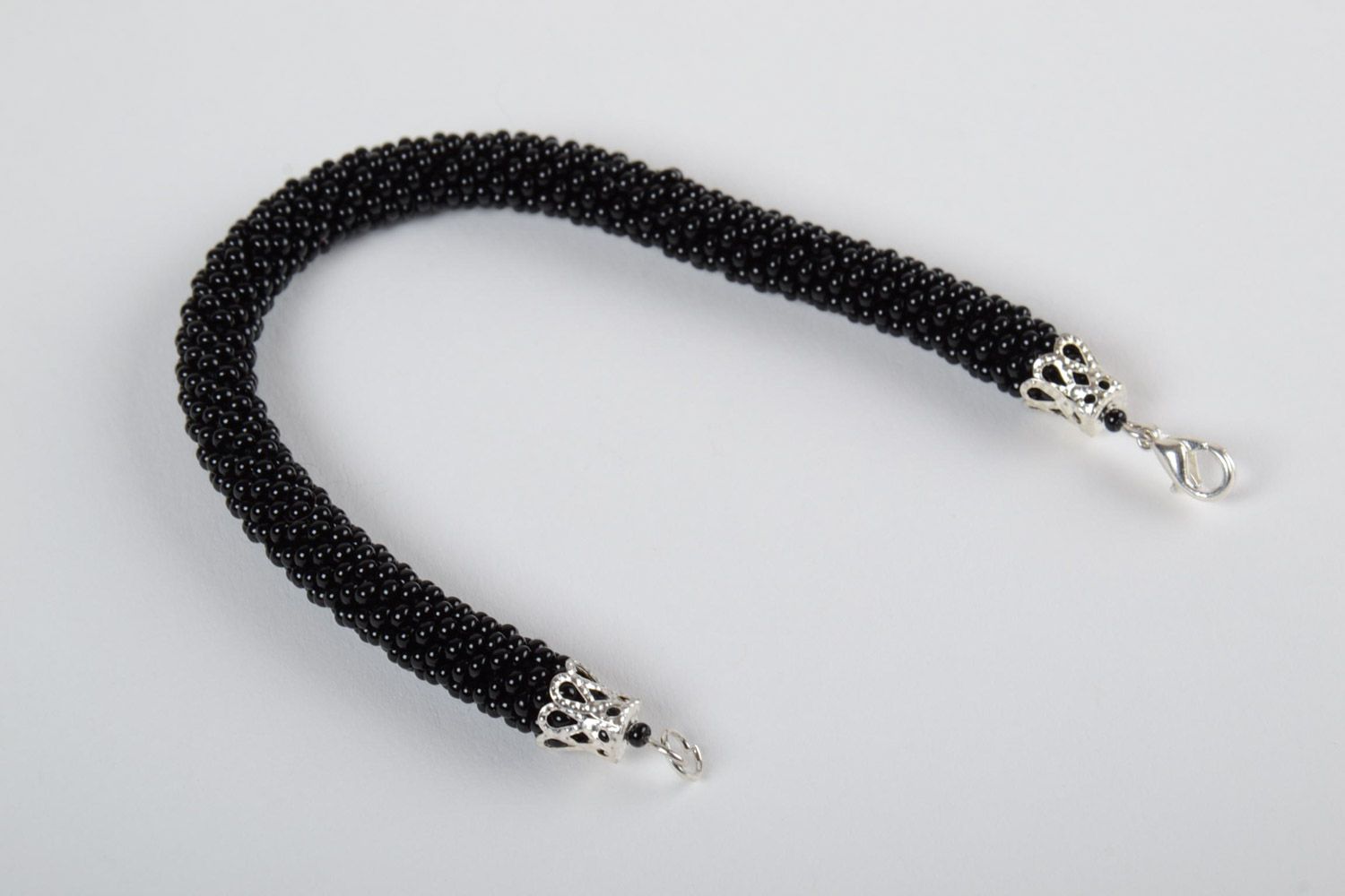 Beautiful women's handmade beaded cord wrist bracelet woven of Czech beads Black photo 4
