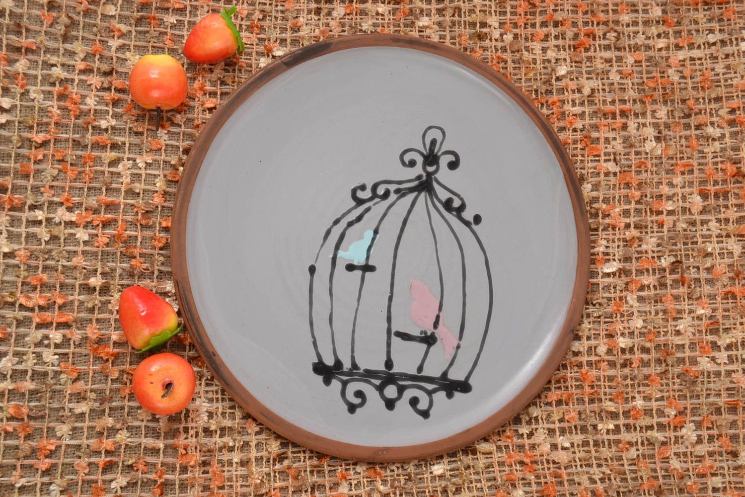 Handmade flacher Teller Keramik Geschirr bemalt für Küchen Deko Vögel schön foto 1