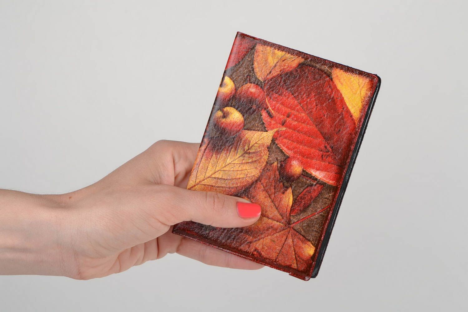 Handmade colorful faux leather passport cover with decoupage Autumn Leaves photo 2