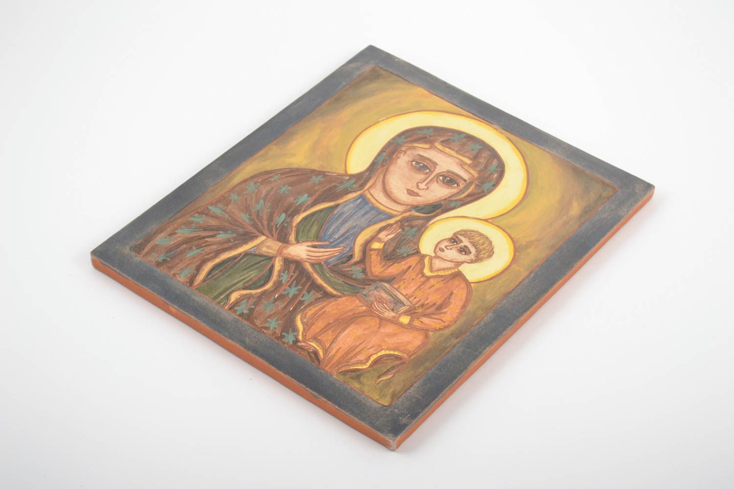 Облицовочная плитка в виде иконы из глины ручной работы расписная необычная квадратная фото 4