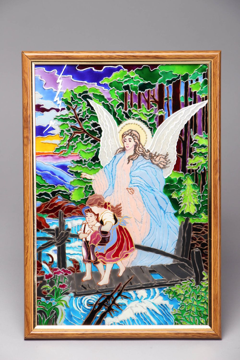Tableau en verre décoratif avec peinture vitrail Ange gardien photo 1