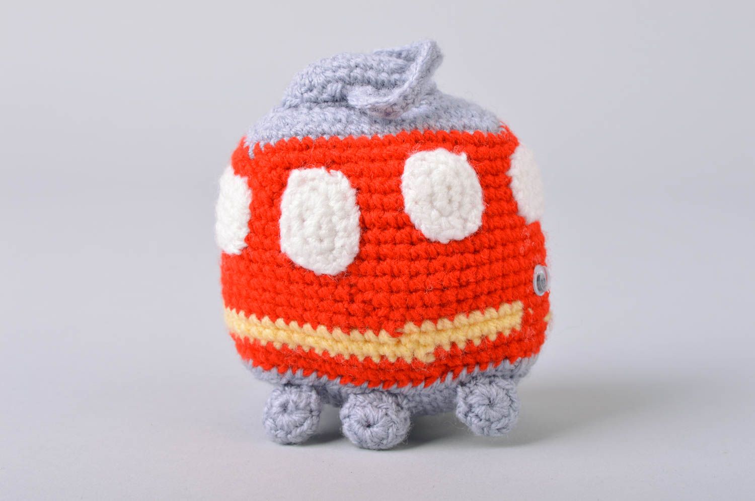 Small beautiful handmade soft red crocheted toy tram photo 2
