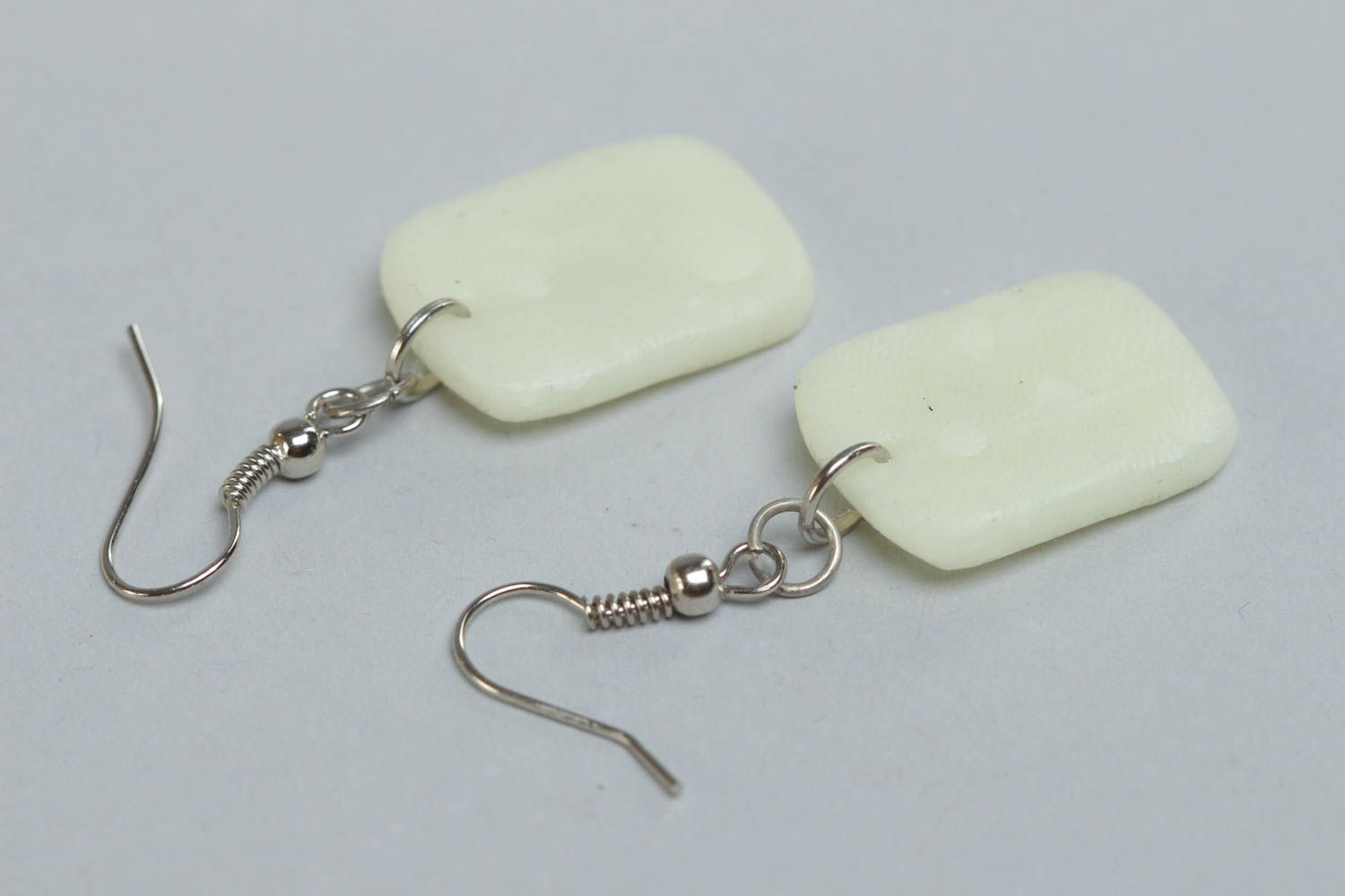 Handmade white earrings made of polymer clay Cassettes designer accessory photo 4