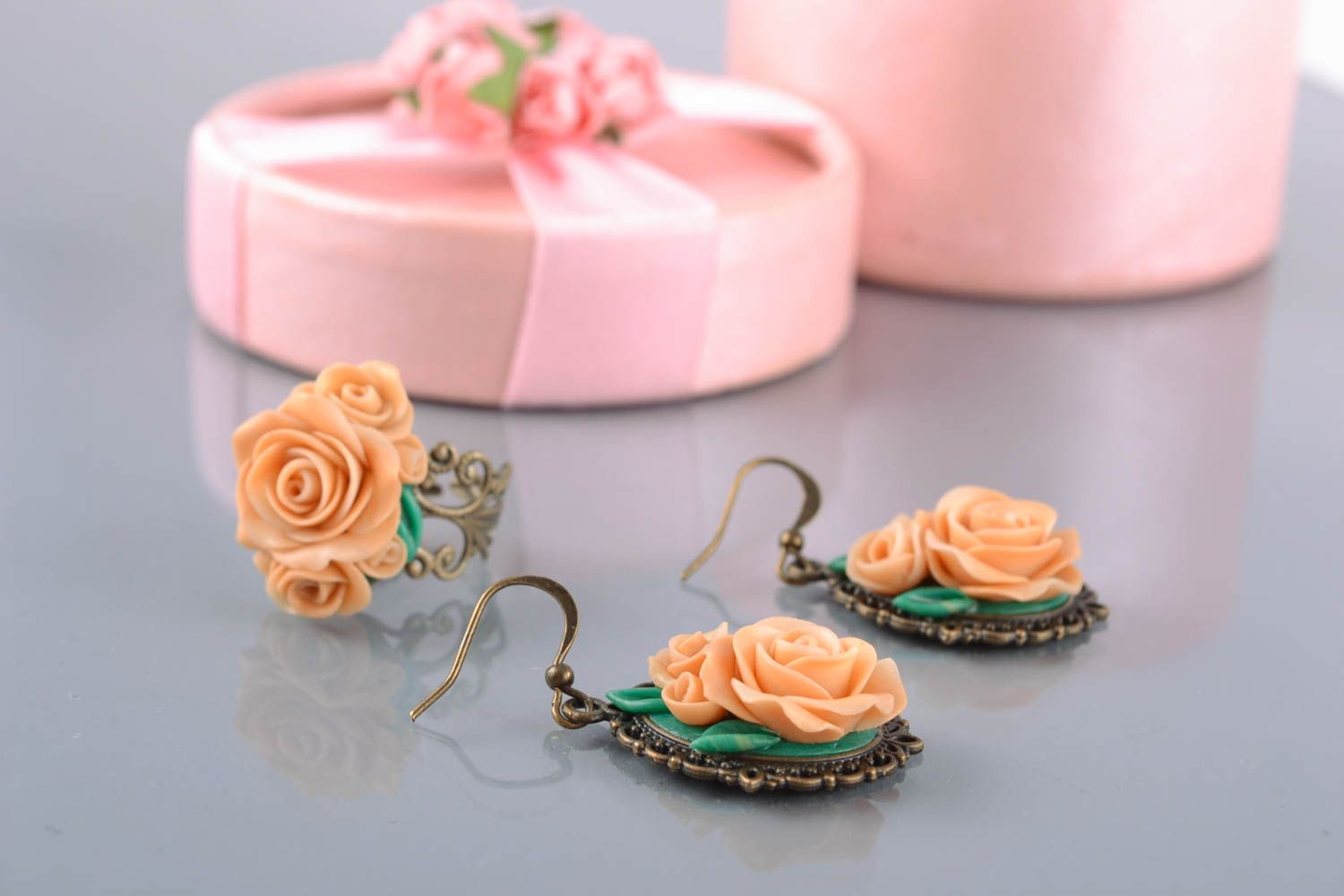 Earrings and ring polymer clay jewelry set in vintage style  photo 1