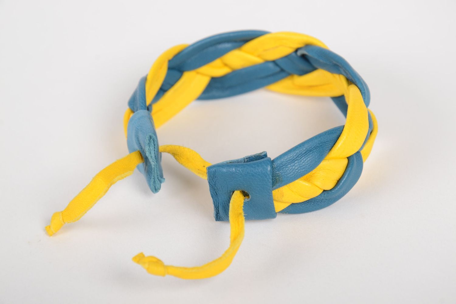 Bracelet en cuir Bijou fait main bleu-jaune design original Accessoire femme photo 3