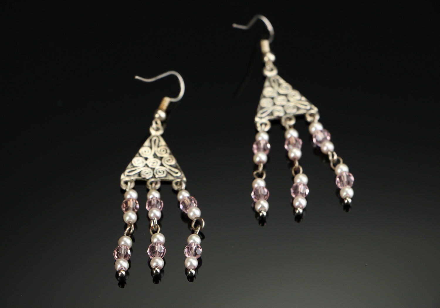 Long earrings with crystal and ceramic pearl photo 3