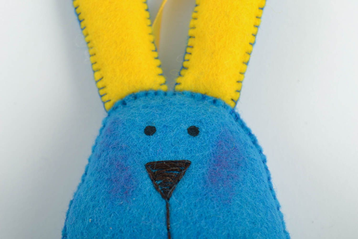 Blue and yellow handmade small fabric soft toy hare with eyelet photo 5