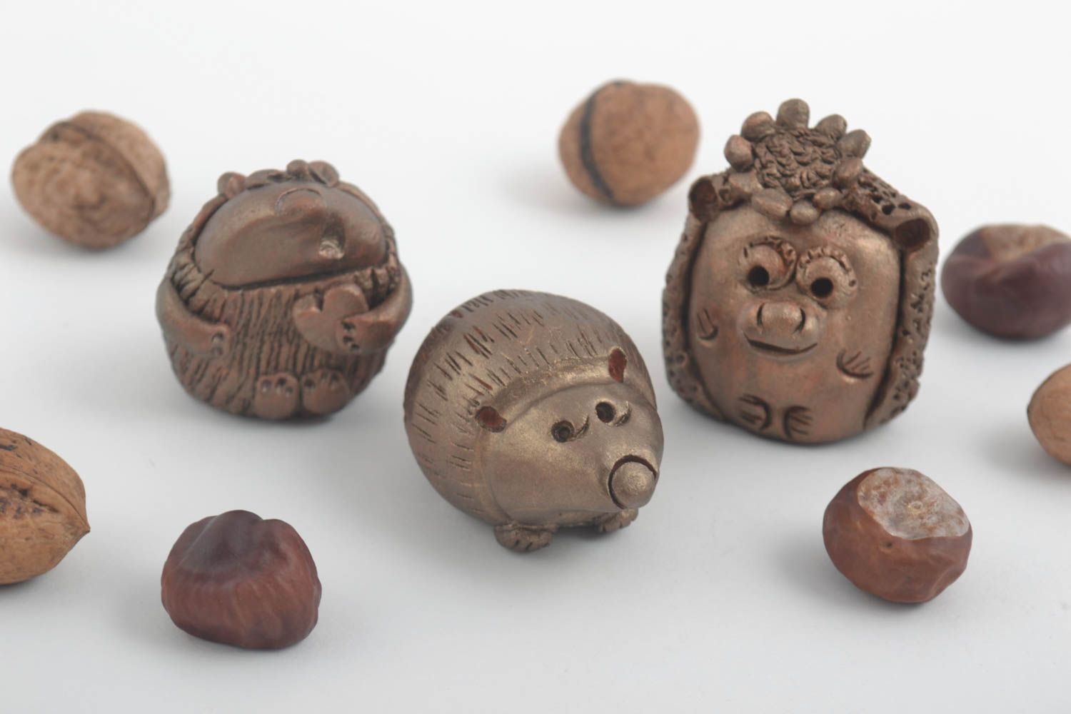 Set of 3 handmade clay statuettes ceramic figurines miniature animals photo 1