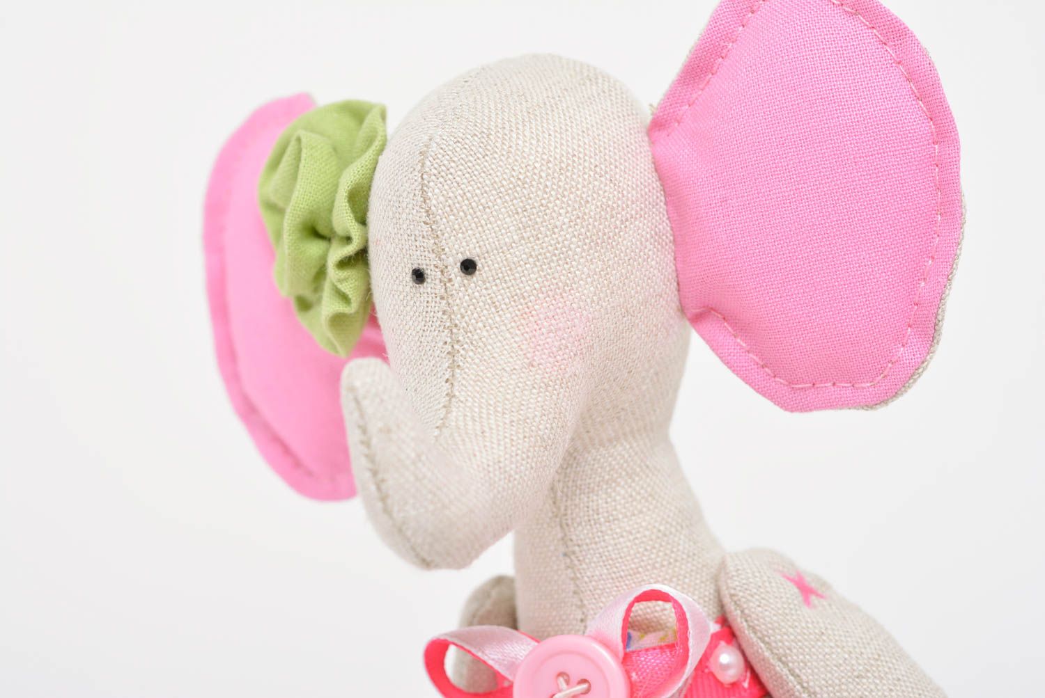 Beautiful homemade linen and cotton fabric soft toy elephant for children photo 2