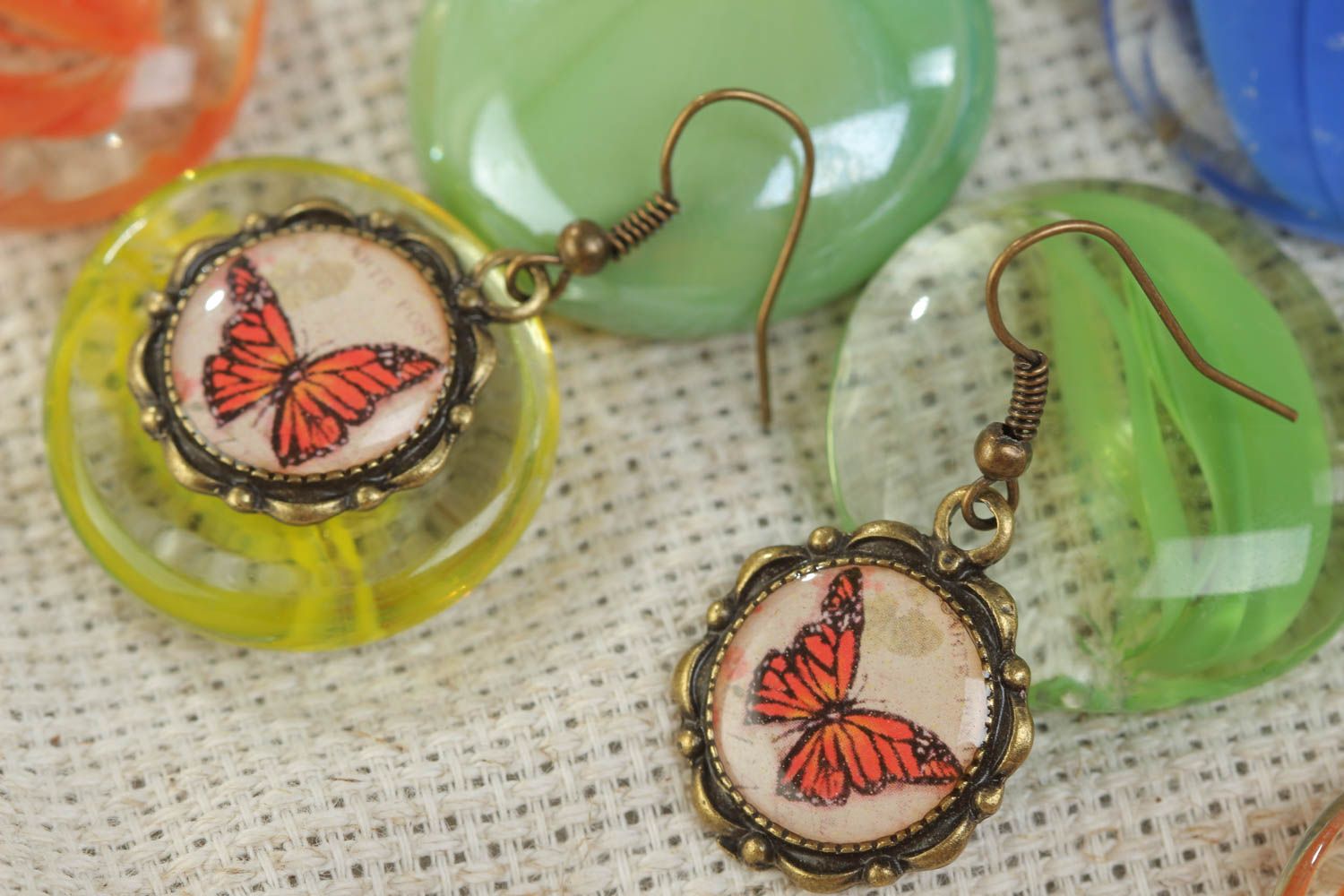 Handmade vintage earrings made of glass glaze with beautiful butterfly prints  photo 1