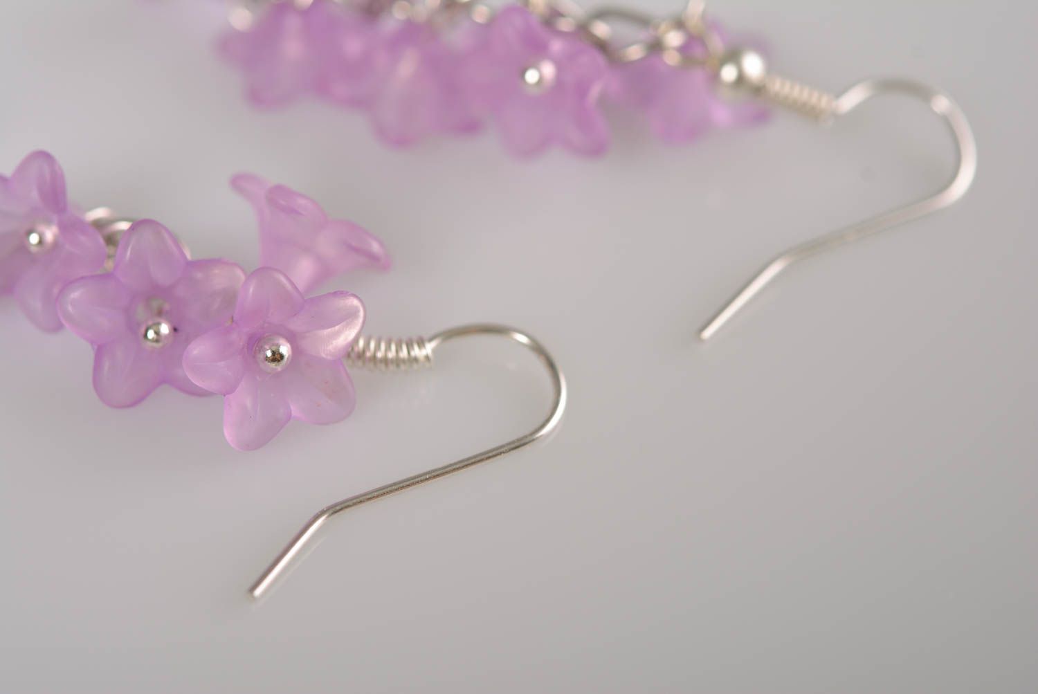 Metal earrings with plastic lilac flowers handmade stylish designer accessory photo 5