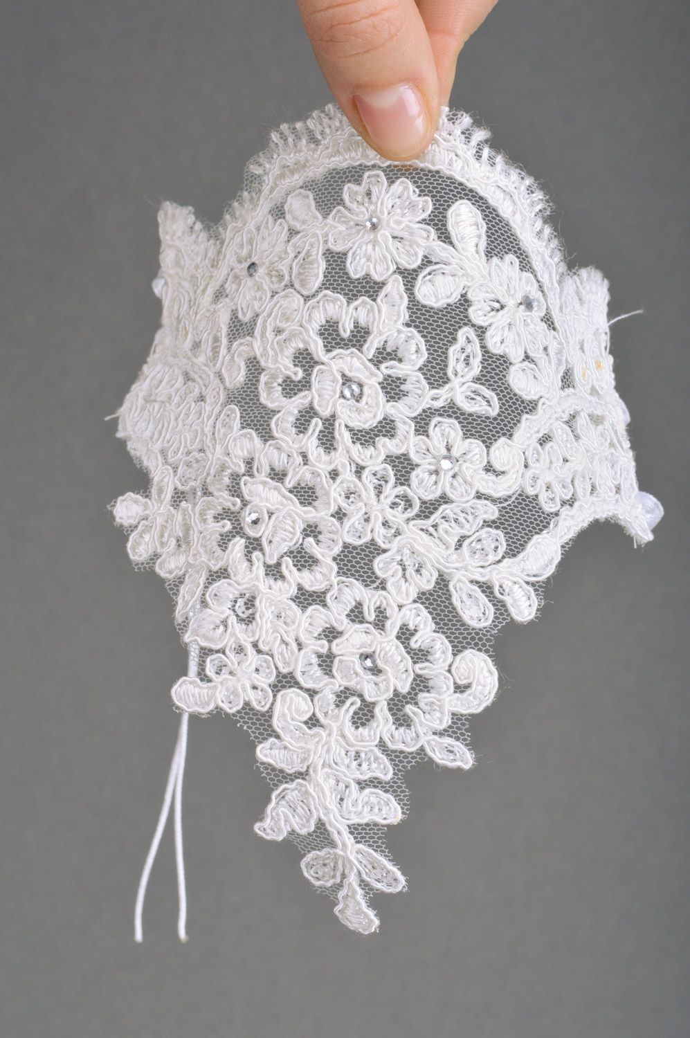 Handmade French lace short wedding gloves of snow white color for bride photo 3