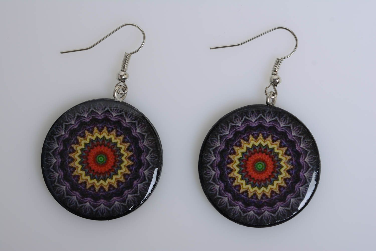 Earrings made of polymer clay with decoupage handmade round purple jewelry photo 5