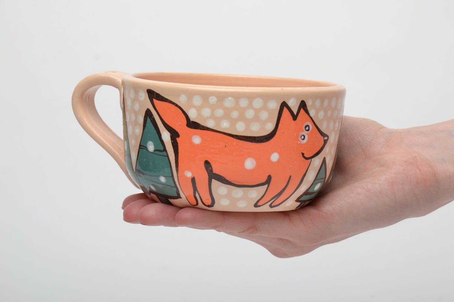 Handmade 5 oz ceramic flat coffee cup with fox photo 5