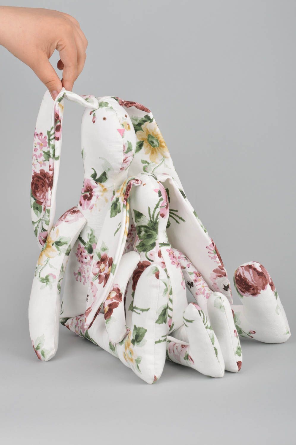 Handmade interior designer soft toy sewn of cotton fabric tender floral rabbit  photo 3