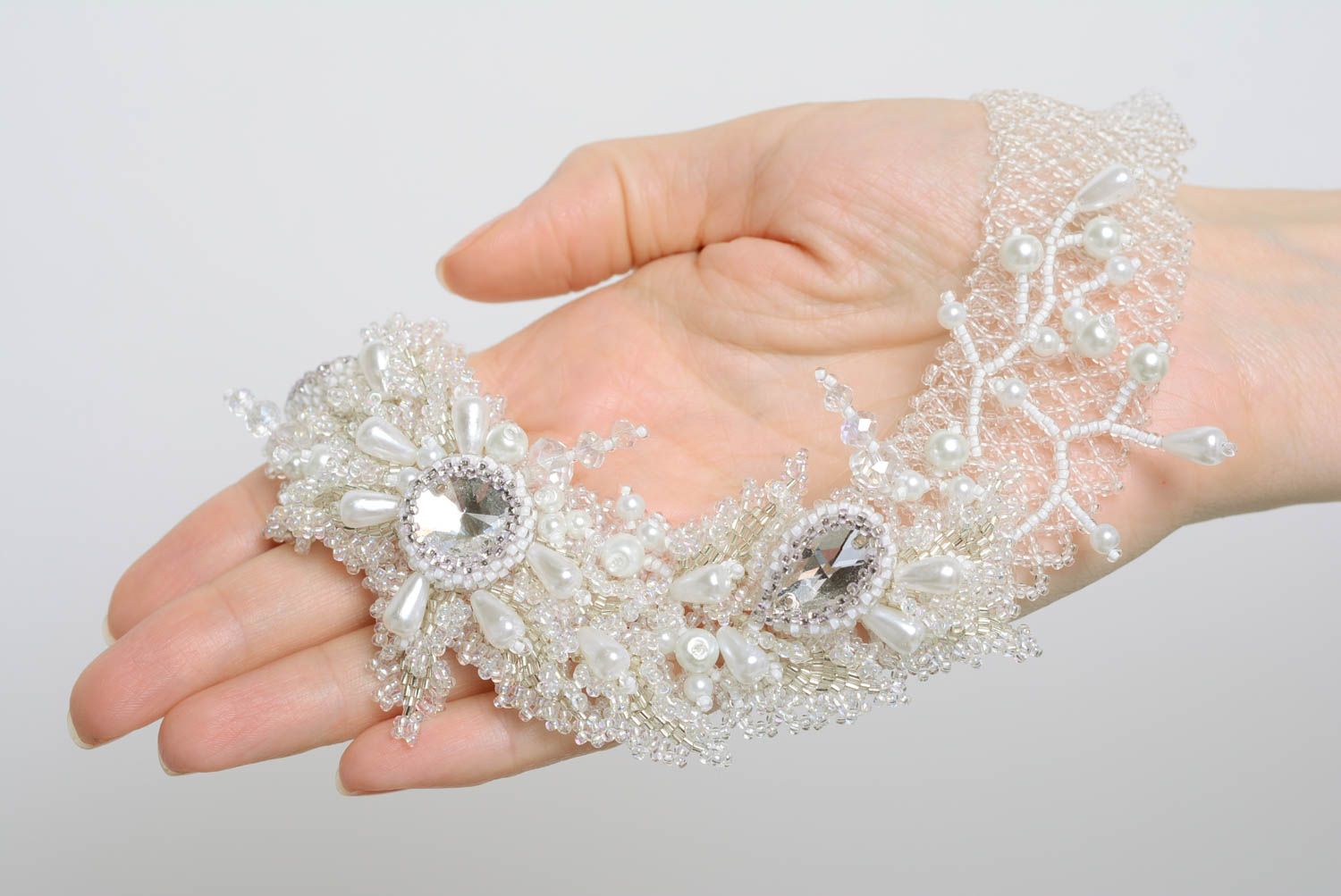 Beaded necklace handmade designer white wedding jewelry fancy accessory photo 4