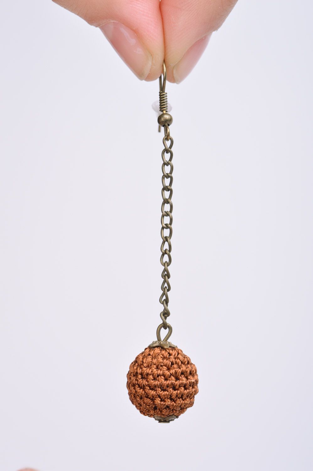 Unusual women's handmade brown earrings with crochet over beads photo 2