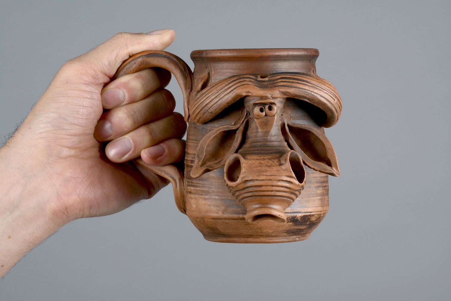 10 oz natural clay coffee mug with bull's head and handle in brown color photo 5