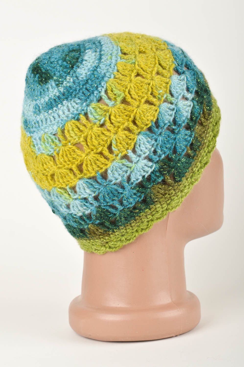 Bonnet tricoté au crochet Bonnet fait main bleu-vert avec fleur Vêtement femme photo 5