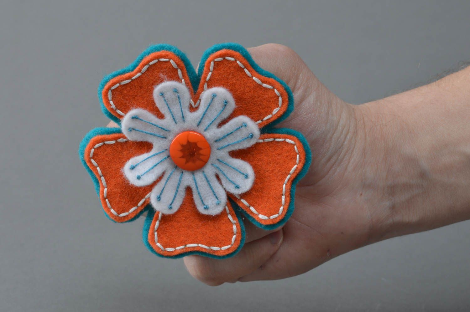 Beautiful unusual handmade designer felt flower brooch of orange color  photo 3