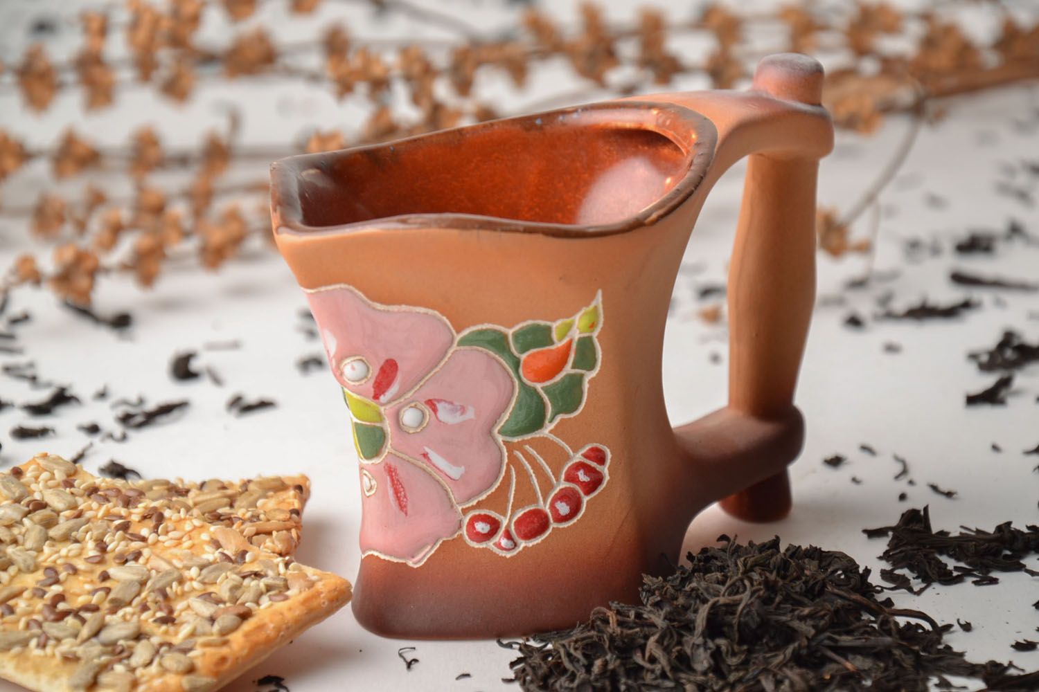 Handmade ceramic square cup with a wide handle and floral pattern with pink flower photo 1