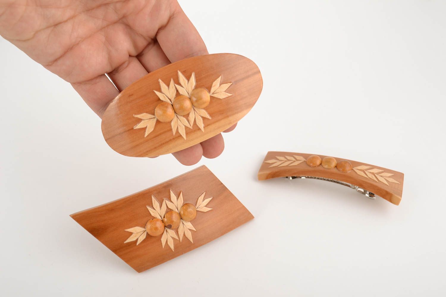 Head jewelry accessories Set of handmade women's light wooden hair clips 3 pieces of different shapes photo 5