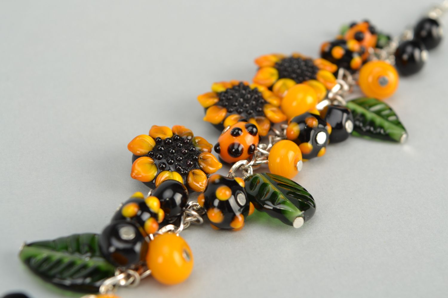 Wrist bracelet with lampwork glass beads Sunflowers photo 5