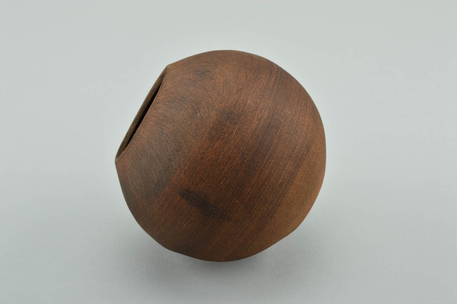 Dark brown clay no handle cup in ball-shape style photo 2
